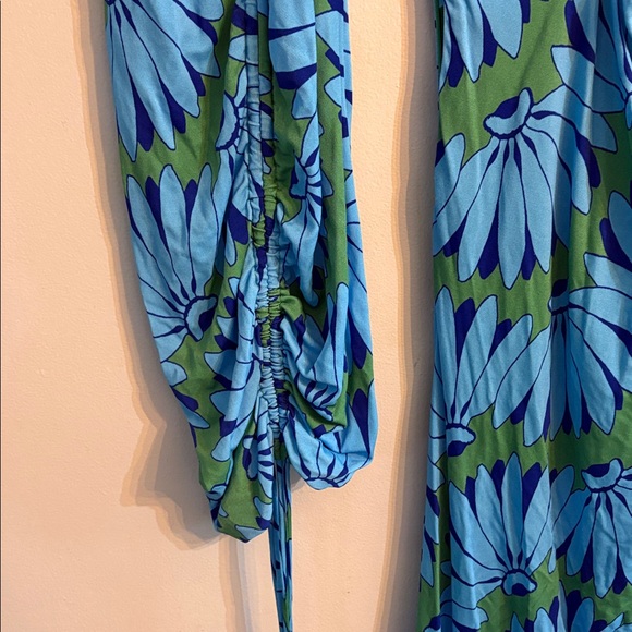 Farm Rio Copacabana Asymmetric Midi Cutout Dress Blue Green One Sleeve Small - Picture 6 of 11